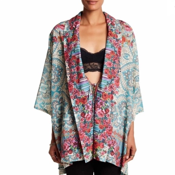 Johnny Was Tops - Johnny Was Brock pink blue red floral print tie front kimono duster top medium